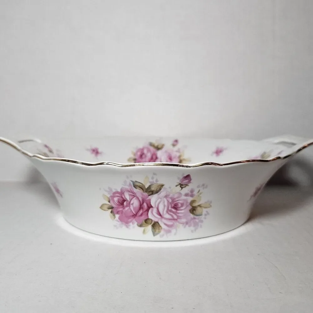 VTG Andrea by Sadek Round Serving Bowl Pattern 8118 Pink Roses Gold Trim Handles
